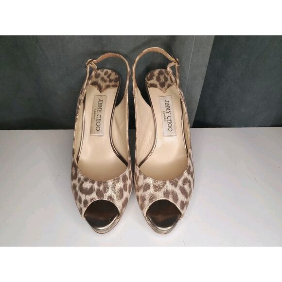 $695 JIMMY CHOO Nova Gold Leopard Shimmer Slingback Open Toe 4" Heels EU 37 US 7 - Picture 4 of 12